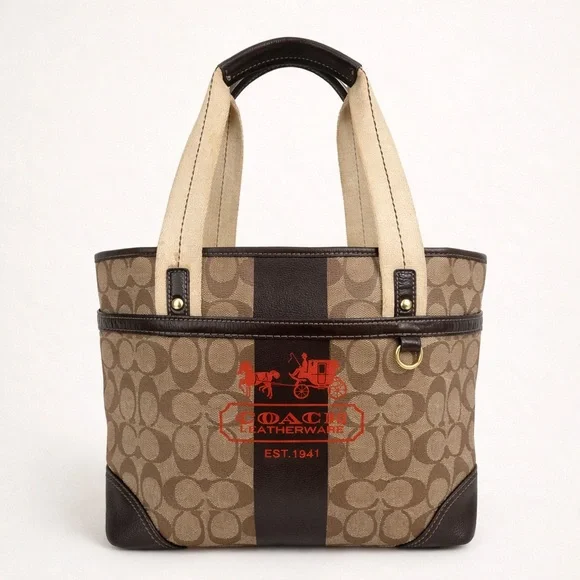 Coach Tan Signature Canvas Tote with Dark Brown Trim - Picture 1 of 11